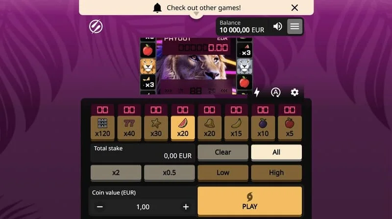Lion Zama Fruits Bonus Spins - príomhscáileán meaisín torthaí le híomhá leoin ón tsraith African Big 5